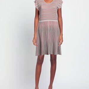 Pink and Grey Knitted Striped Pleated Dress